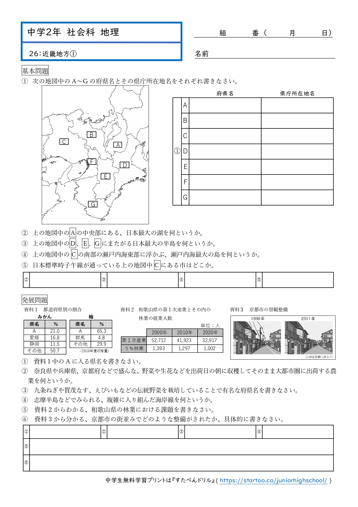 中2社会・地理「近畿地方①」プリント無料ダウンロード・印刷